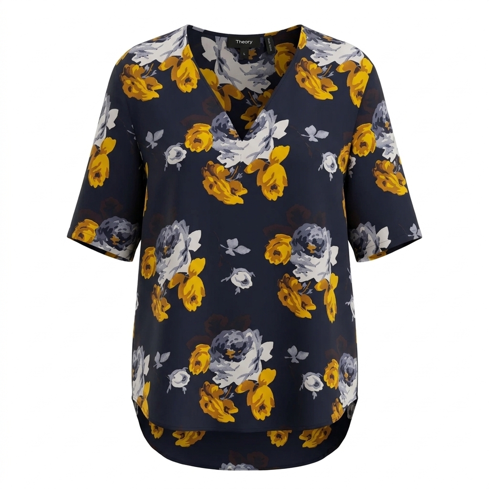 Theory navy floral silk blouse with split v-neckline, short sleeves, and rounded